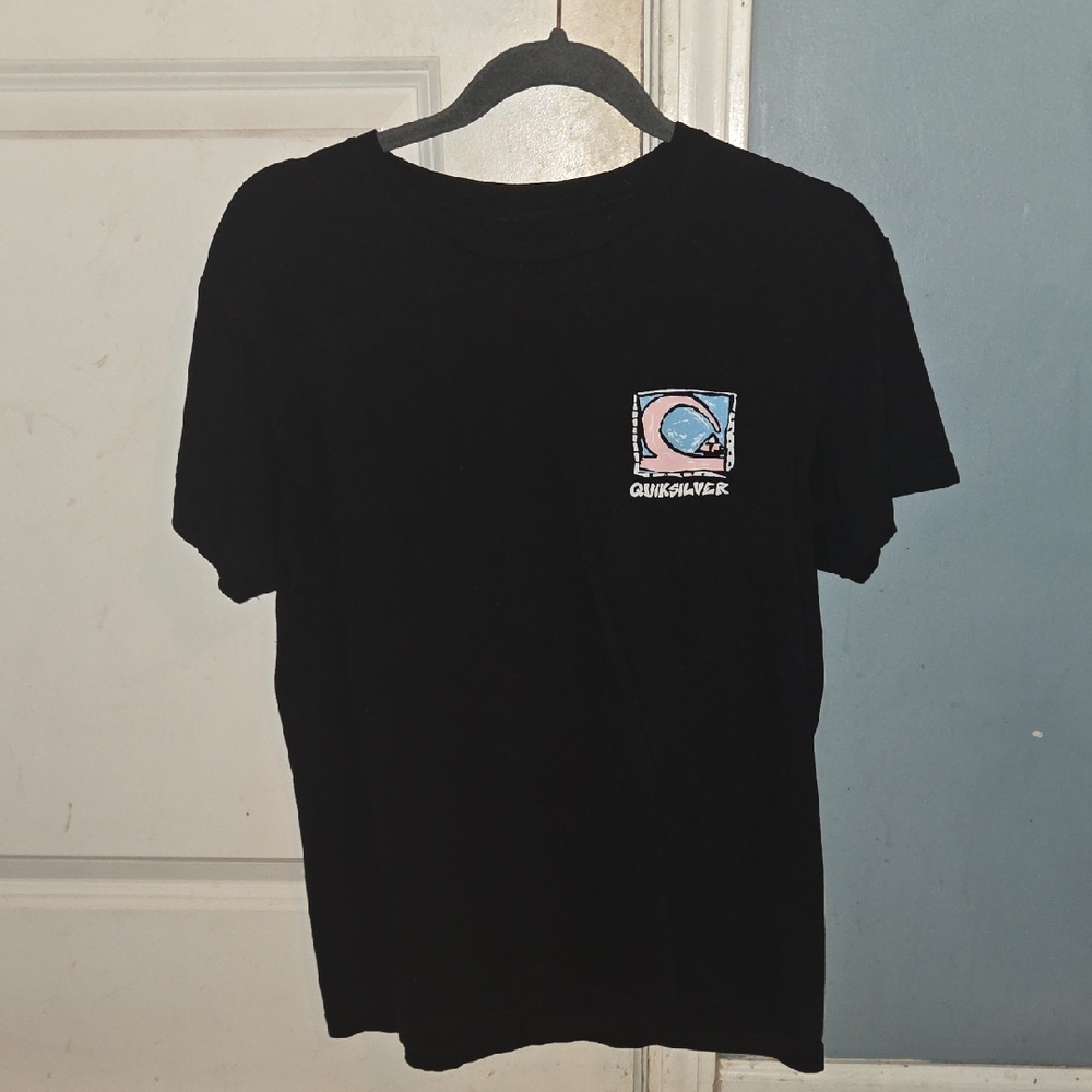 Quiksilver Black Tee with Blue & Pink Wave Graphic Mens Medium